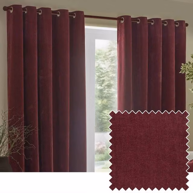 Yard Heavy Chenille Velvet Eyelet Curtain Pair in Red, Width: 168 cm, Drop: 229 cm