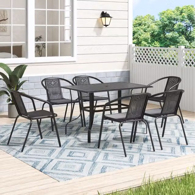 Komore Modern Black Metal Coffee Table and 6 Stackable Rattan Chairs Set
