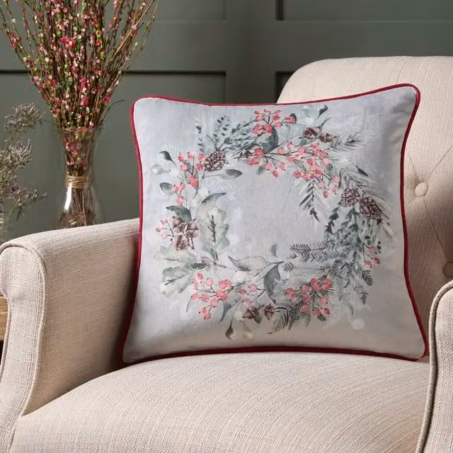 Dreams & Drapes Winter Sprigs Christmas Wreath Velvet Filled Cushion, Green and Red, W/D/H: 43 x 43 x 43 cm – 1