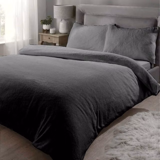 Rapport Home Teddy Fleece Polyester Duvet Set and Pillowcase, Anthracite, W: 140 cm, L: 200 cm