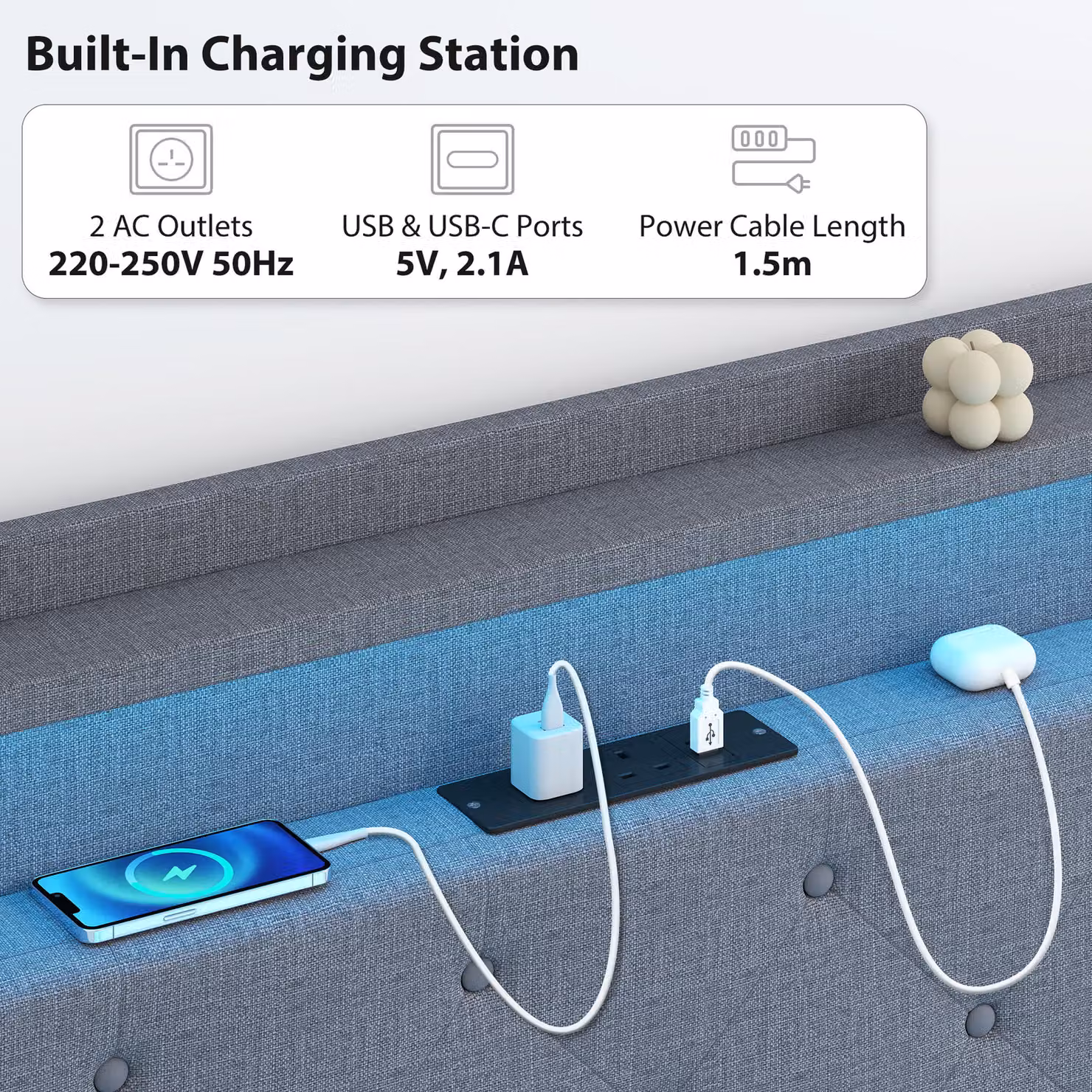 HOMCOM Grey Upholstered Floating King Size Bed Frame with RGB LED Under-Bed Lighting, USB Charging Port and Side Compartments, 180 x 200 cm – 5