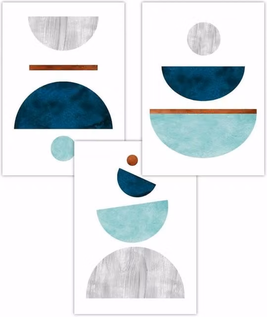 ARTZE Set of 3 Abstract Mid Century Geometric Art Posters in Petrol, Green and Grey, W: 59 cm, H: 84 cm
