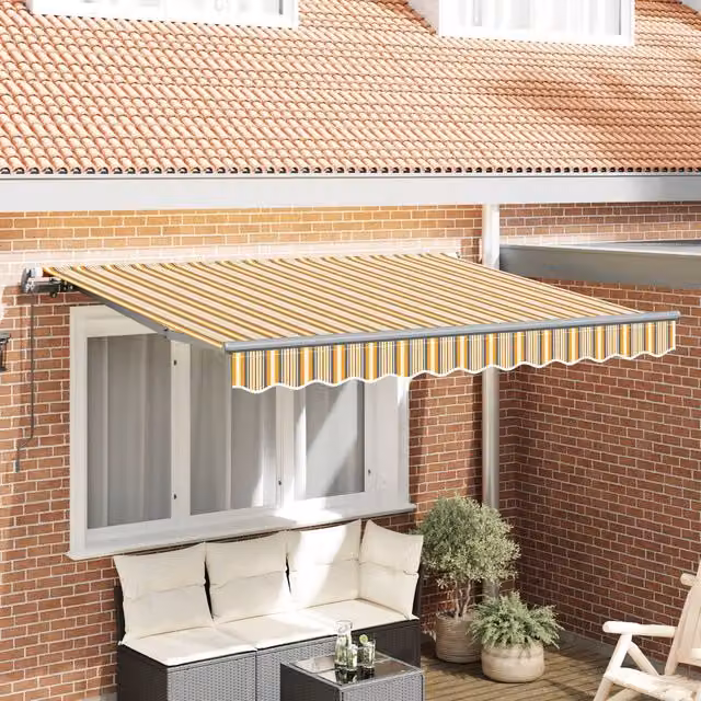 Berkfield Home Retractable Wall-Mounted Folding Arm Awning in Yellow and Grey Striped Polyester and Metal, W: 300 cm, D: 200 cm – 1