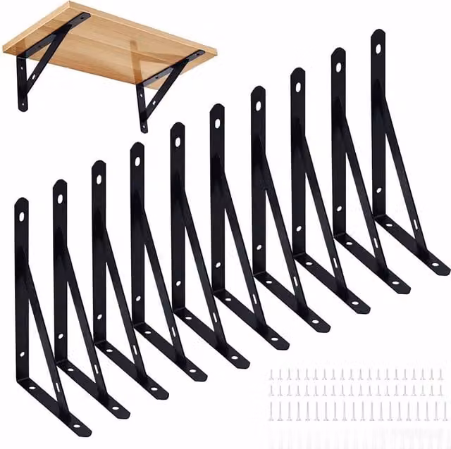 VOGREX Heavy Duty Steel Triangle Shelf Brackets, 10 Pack, Matt Black, Wall Mounted – 1