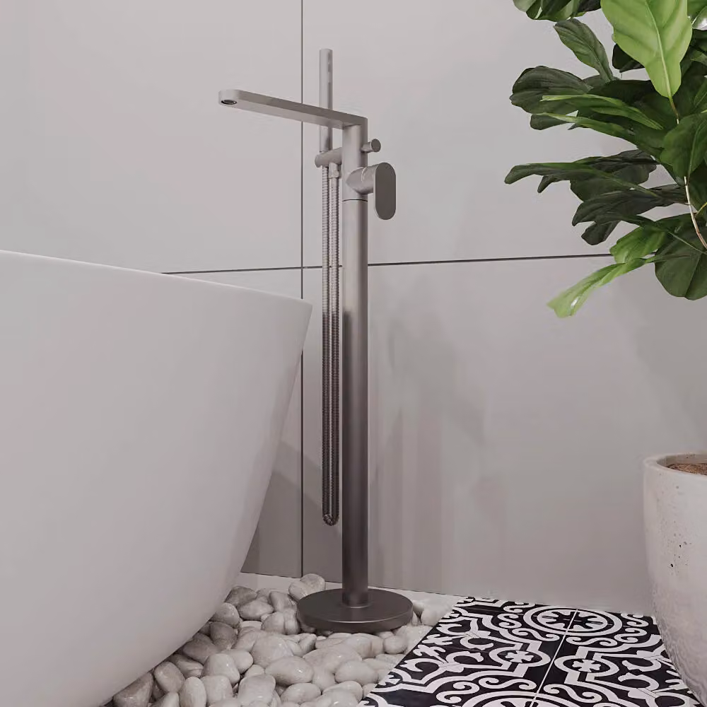 Balterley Current Round Floor Standing Bath and Shower Mixer Tap Kit in Brushed Pewter Silver – 2
