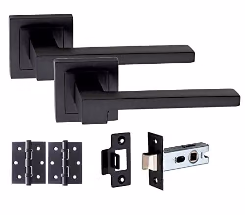 Golden Grace Zeta Bathroom Door Handle Set with Square Rose in Matt Black – 1