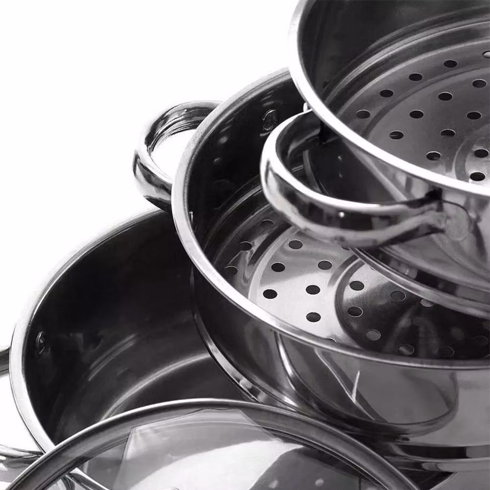 PAWNORA 3 Tier Stainless Steel Steamer Pot with Glass Lid, Silver, Diameter: 28 cm – 4