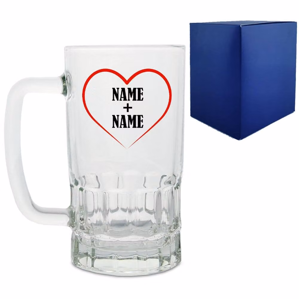 Uniqueful Personalised Heart Glass Beer Tankard in Clear for Couples