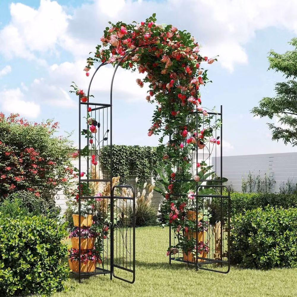 NESTLUNE 3 in 1 Metal Garden Arch with Planter Shelves and Gate, Black – 2