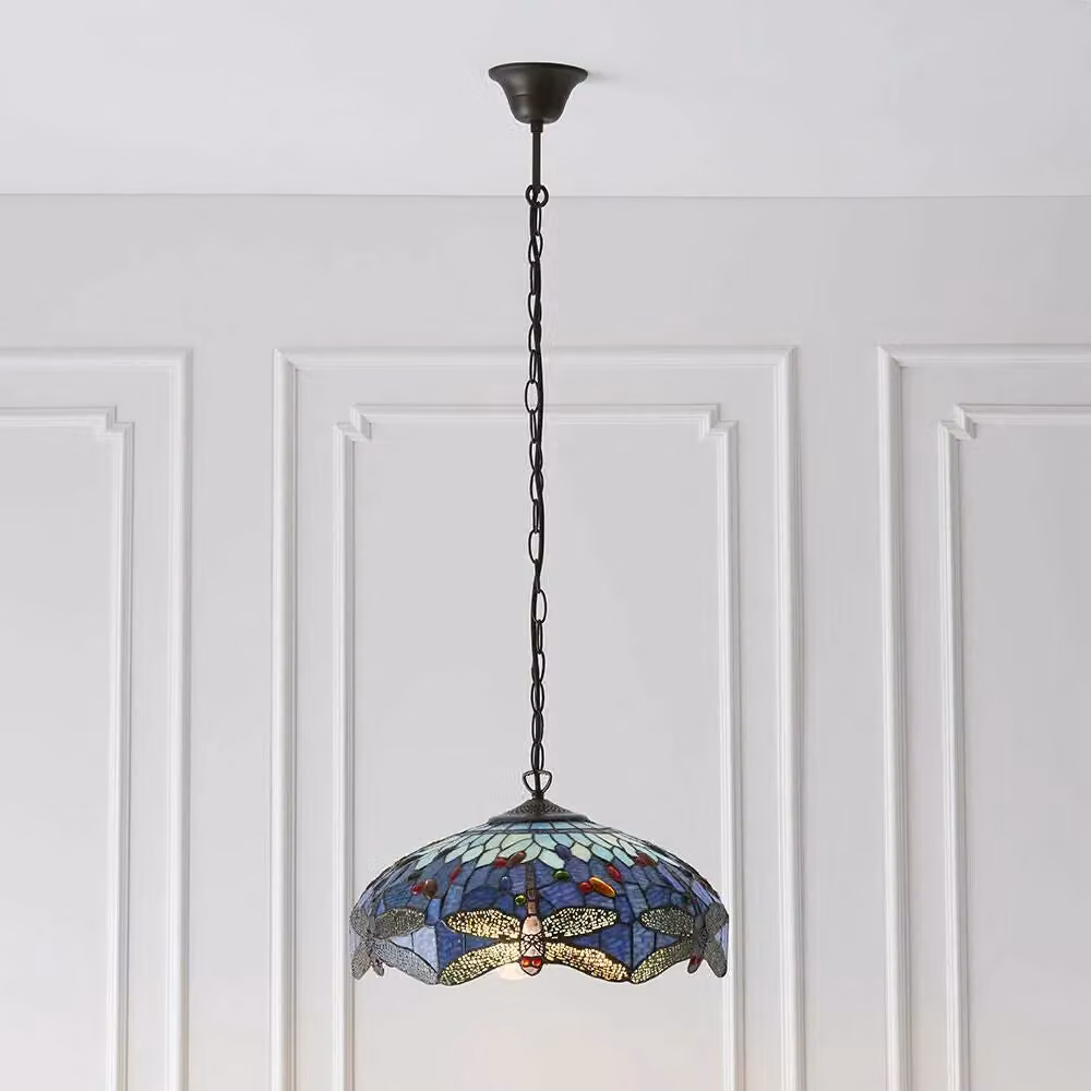 Loops Tiffany Glass Blue Dragonfly 3 Lamp Hanging Ceiling Pendant Light in Multicolour and Bronze – 3