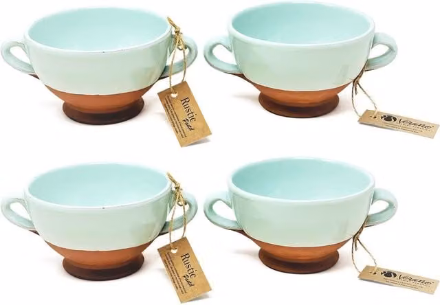 Verano Spanish Ceramics Rustic Pastel Half Dipped Terracotta Soup Bowls, Set of 4, Green, Diameter: 14.5 cm