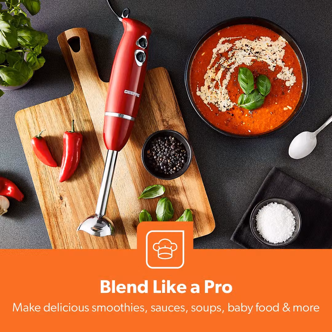 Geepas Retrovive 400W Stick Blender with 2 Speeds and Anti-Splash Detachable Design in Red – 2