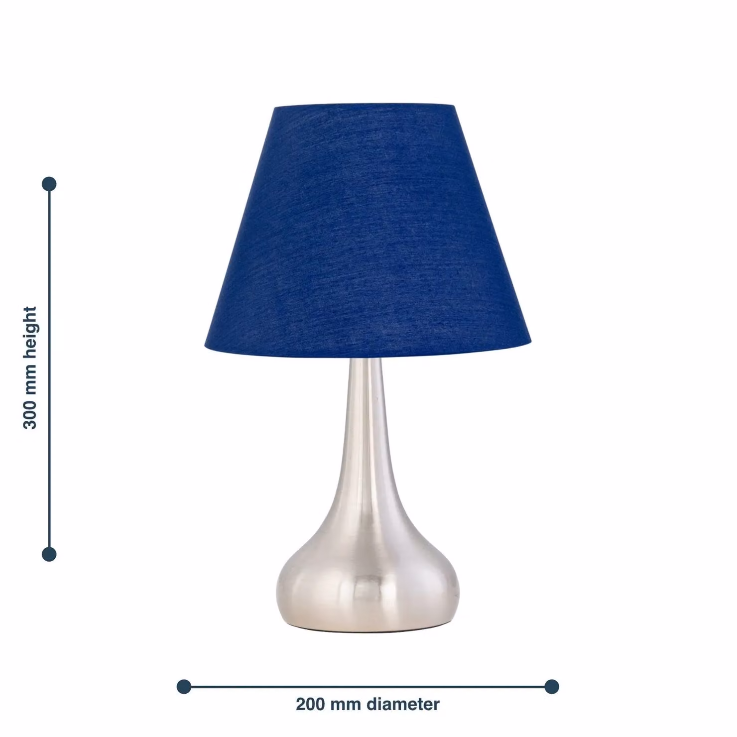 First Choice Lighting Romana Touch Operated Dimmable Table Lamp with Blue Fabric Shade in Brushed Chrome – 3