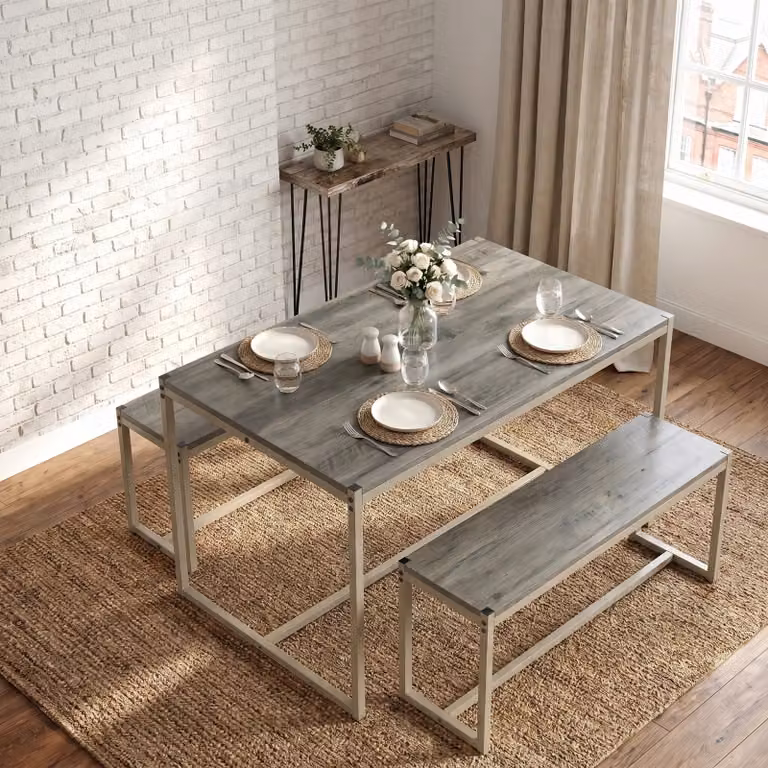 Orvak Grey 4 Seater Dining Table and Bench Set with Industrial Rectangular Design