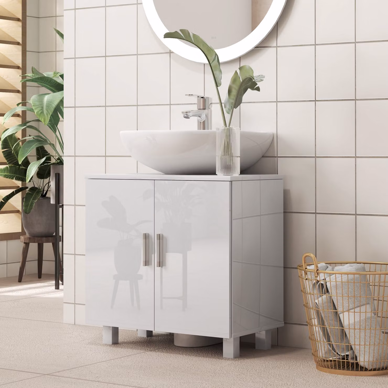 HOMCOM High Gloss White Modern Freestanding Bathroom Under Sink Cabinet with Hinged Doors and Internal Shelves – 2