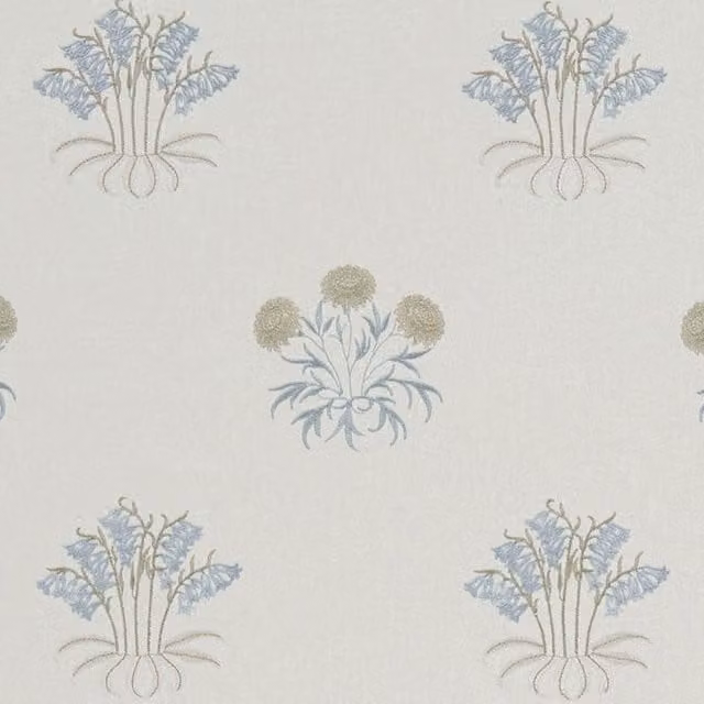 William Morris At Home Lily Flower Embroidered Fabric in Woad Blue and Multicolour