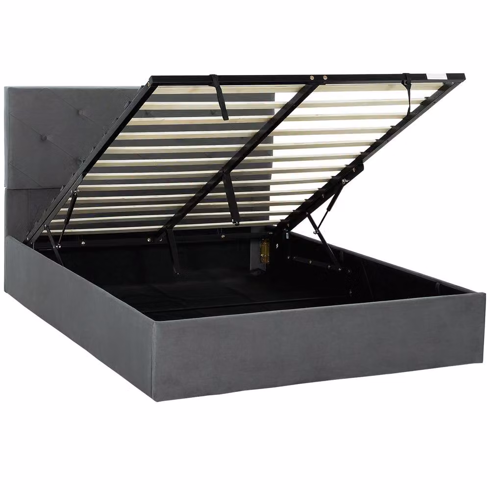 STILVORA King Size Bed Frame with Gas Lift Storage in Grey Velvet – 3