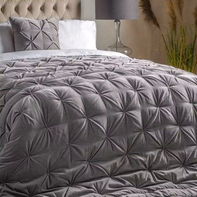 Gallery Grey Velvet and Cotton Bedspread W: 220 cm, D: 240 cm