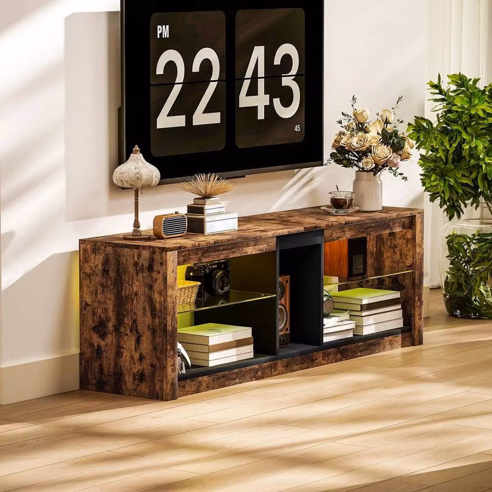 NESTLUNE Modern Brown TV Stand and Entertainment Centre with LED Lights, W: 100 cm, D: 15 cm – 4