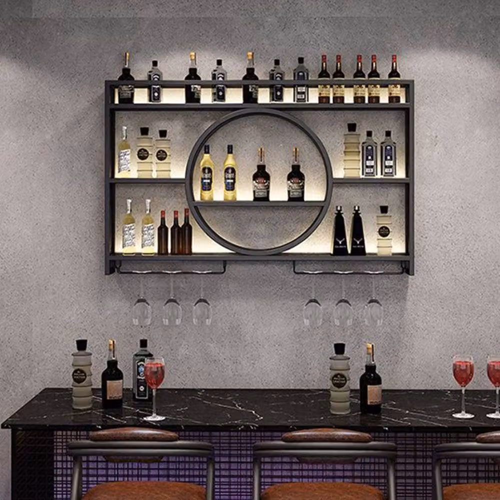 FORGEVIO S-Industrial Wall Mounted Wine Rack Cabinet with Glass Holder in Matt Black Metal – 6