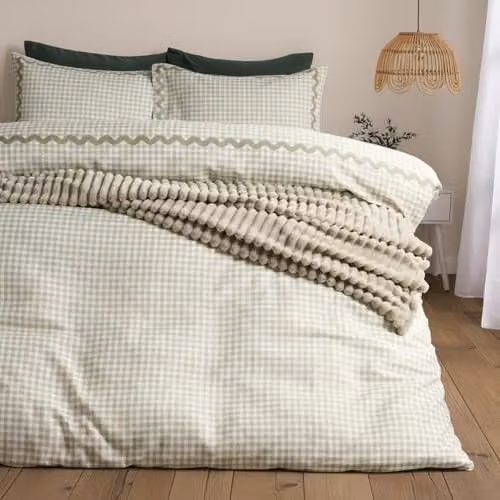 OHS Gingham Reversible Microfibre Double Duvet Cover and Pillowcase Set, Green, W/D/H: 200 x 200 cm, Pillowcase: 50 x 75 cm