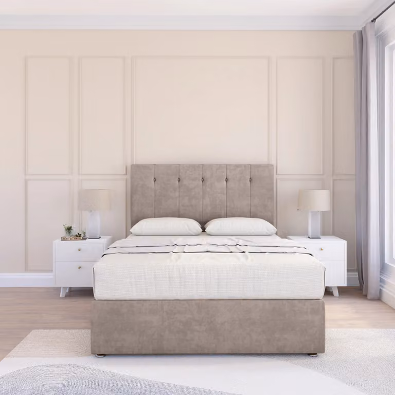 Sloomy Highbury Plush Velvet Memory Foam Bed Set with Headboard and Mattress in Stone/Sand, Double (140 x 200 cm)