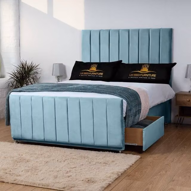 UK Bed Furniture Hampton Divan Bed with 4 Drawers and 26 Inch Headboard in Light Blue, Size: 180 x 200 cm