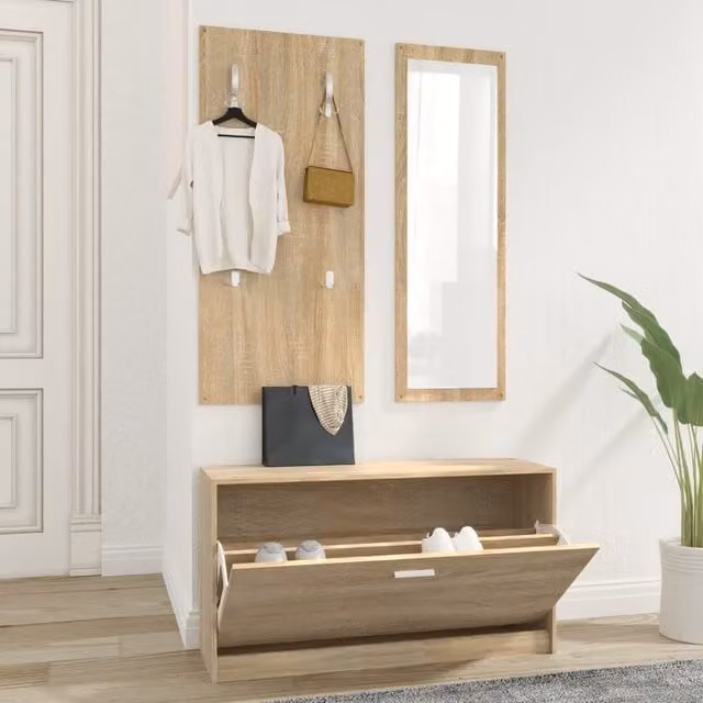 Berkfield Home 3-in-1 Shoe Cabinet Set with Mirror and Wall Rack in Sonoma Oak Brown
