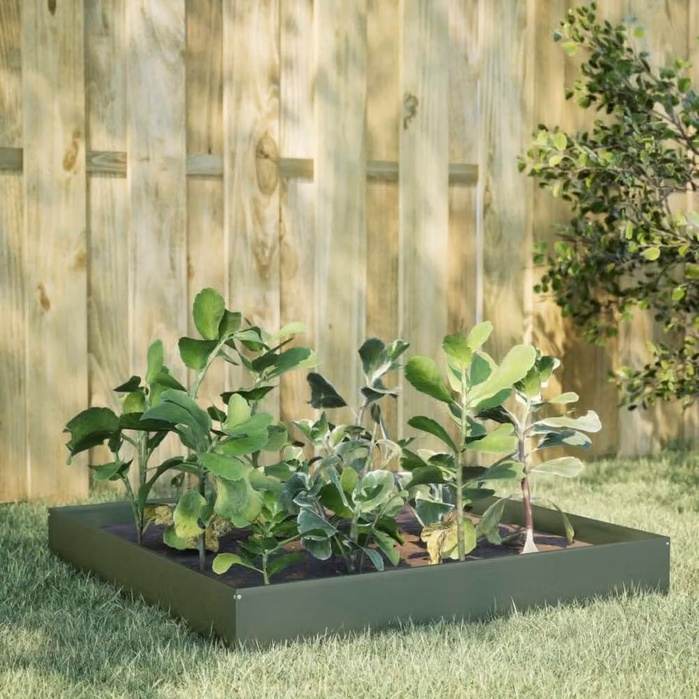 Berkfield Home Garden Steel Raised Bed in Olive Green, W/D/H: 100 x 100 x 26 cm – 2
