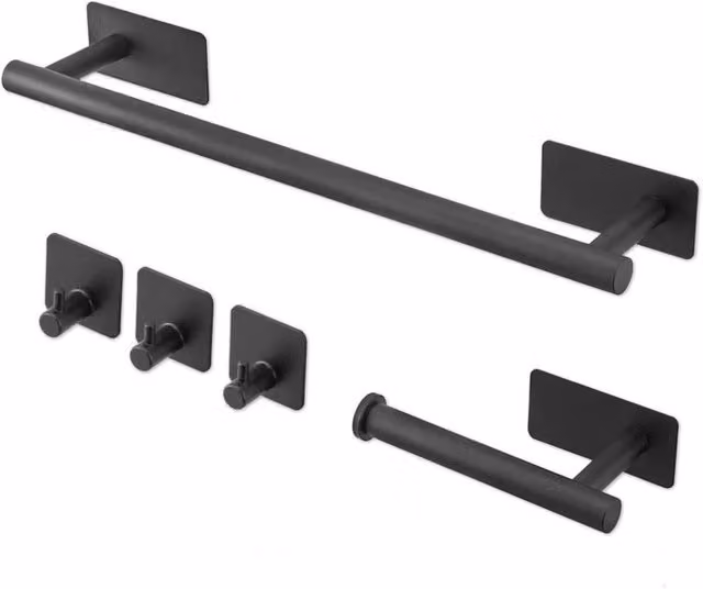 Nordara 5-Piece Black and Silver No-Drill Bathroom Accessories Set with Wall-Mountable Adhesive Toilet Roll Holder