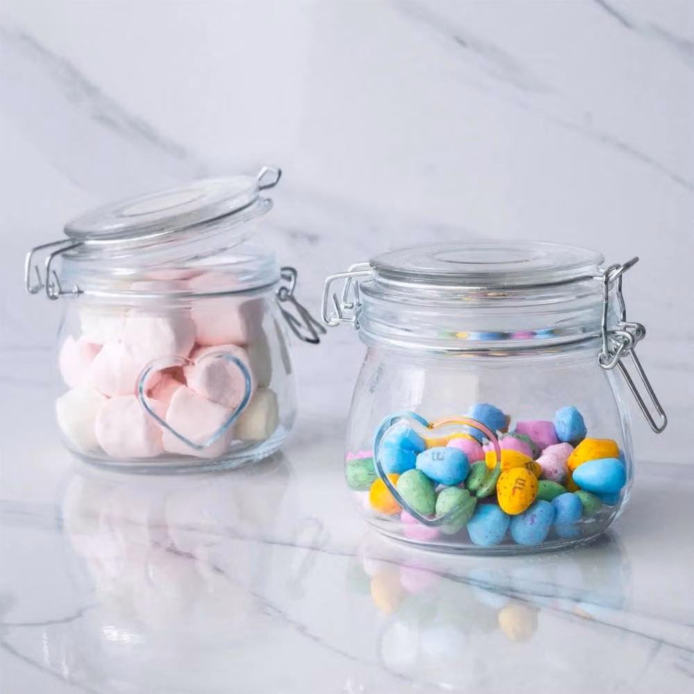 Havendro Set of 6 Heart Shaped Glass Food Storage Jars with Clip Lids and Labels, 500 ml, Transparent – 2