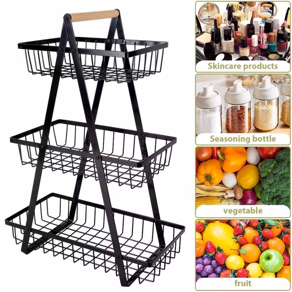Nordara 3 Tier Fruit Basket and Vegetable Storage Stand with Handle, Black – 3