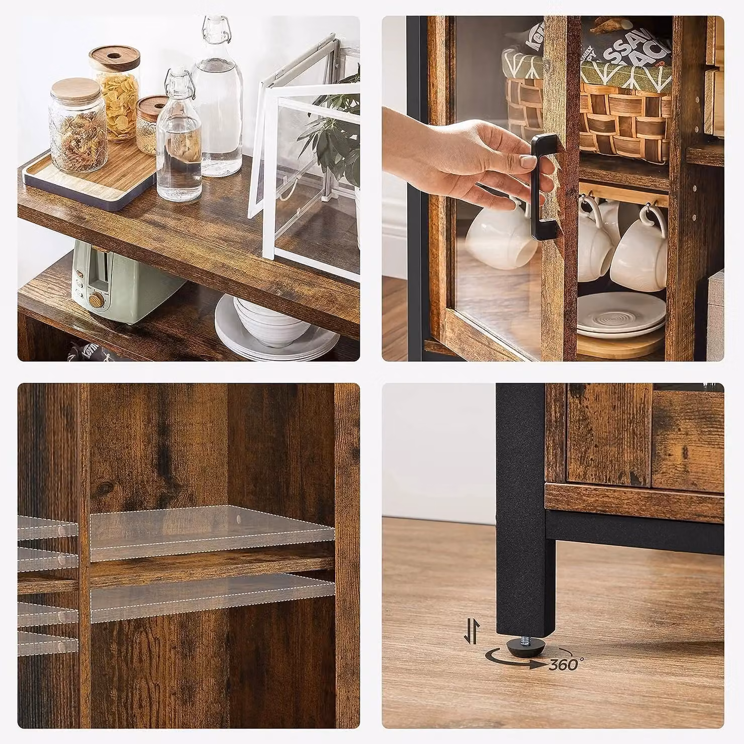 VASAGLE Industrial Sideboard Buffet and TV Cabinet with 2 Transparent Glass Doors in Brown – 6