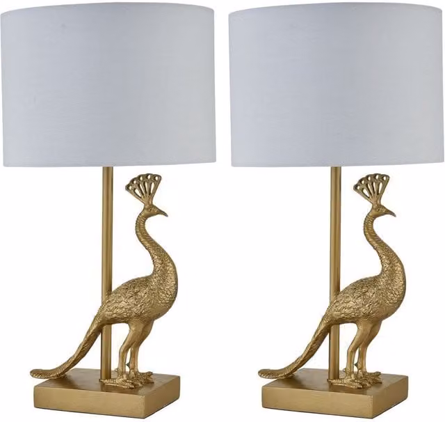 First Choice Lighting Majestic Gold Peacock Table Lamps Set of 2 with White Fabric Shades