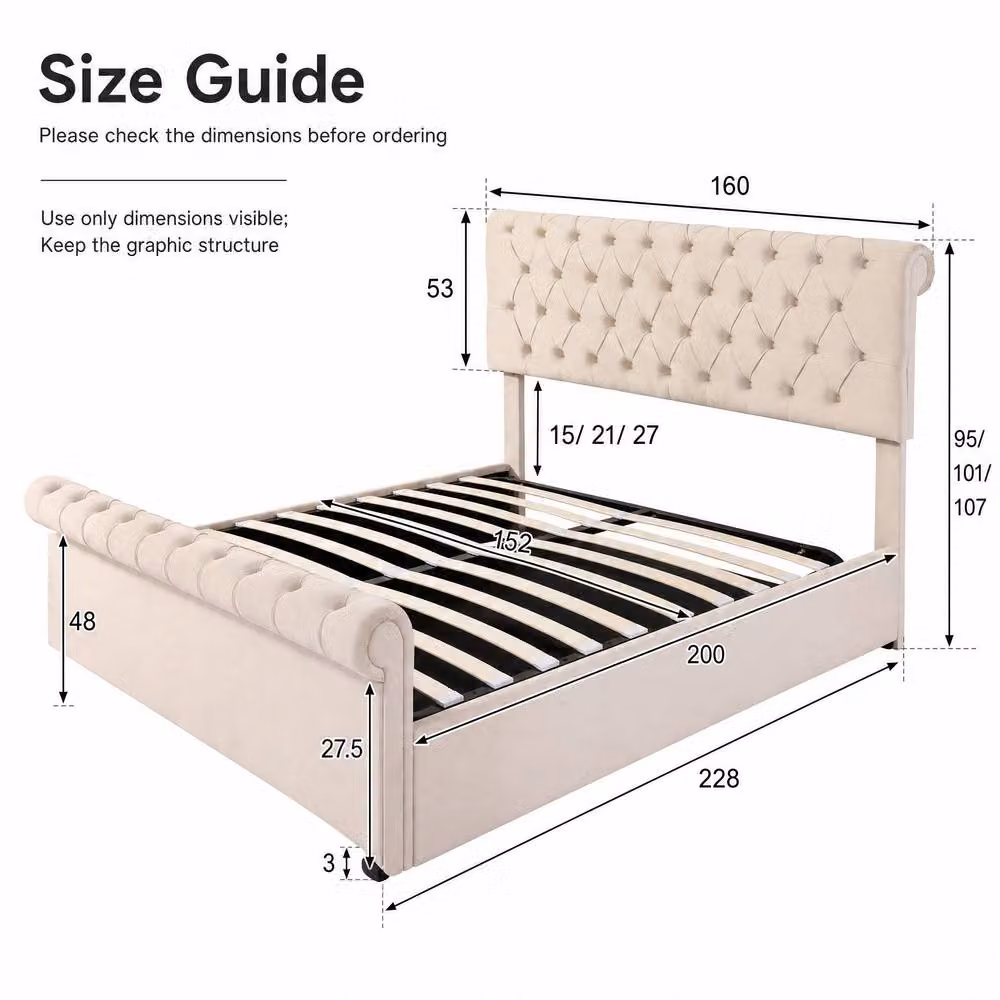 STILVORA King Size Upholstered Storage Bed in Beige Velvet with Lift Up Base, W/D/H: 180 x 200 cm – 3