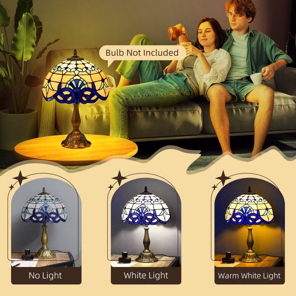 Wyld Haus Repatto Blue and White Handcrafted Stained Glass Table Lamp with Gold/Brass Metal Base, H 48 cm x W 30 cm x D 30 cm – 5