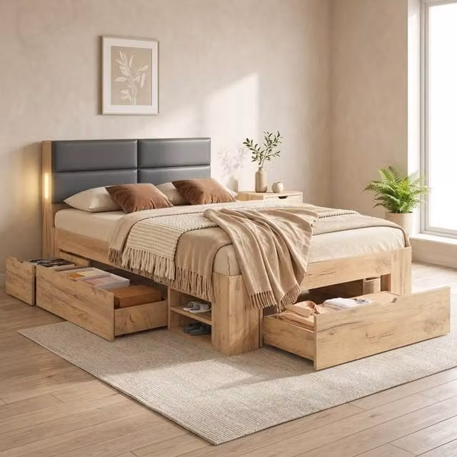STILVORA Single Bed Frame with Storage Drawers and Integrated LED Lighting in Sand and Brown