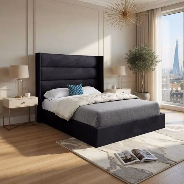 Casani Ranskill Upholstered Designer Bed Frame in Black Soft Velvet, Size: 180 x 200 cm – 1