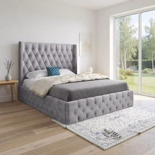 KDMD Verwood Winged Upholstered Grey Soft Velvet Designer Bed Frame, W/D/H: 120 x 137 x 128 cm – 1