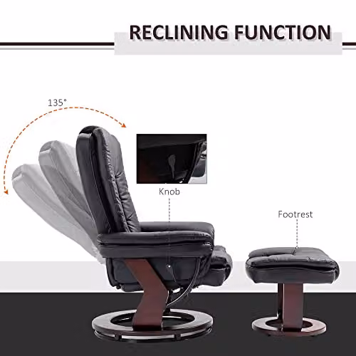 HOMCOM Manual Recliner and Footrest Set in Black PU Leather with Swivel Wood Base – 4