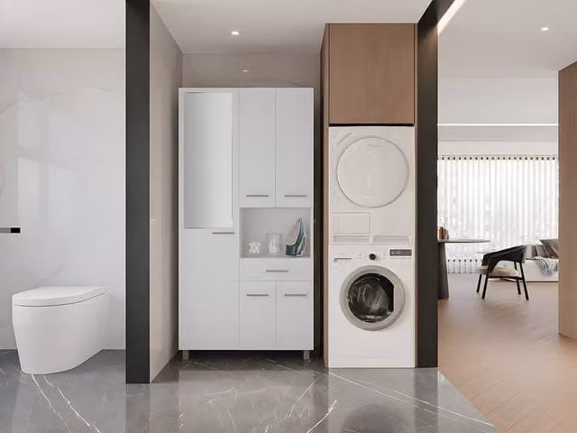 MINELA White Freestanding Bathroom Column with Mirror, H 180 x W 54 x D 30 cm