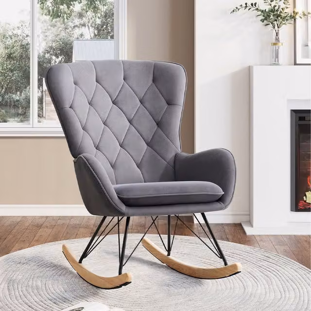 Komore Grey Faux Wool Rocking Armchair with Armrests and Solid Wood Frame