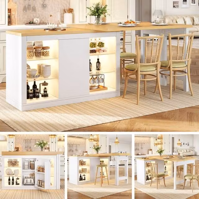 BTM Modern Extendable White Sideboard with Integrated LED Lighting and Glass Shelves, W/D/H: 154 x 40 x 74 cm