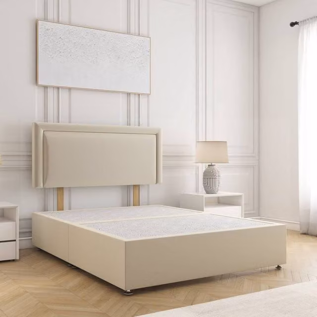 BSSPOKE Ella Single Divan Bed in Beige Plush Velvet with 24 inch Headboard