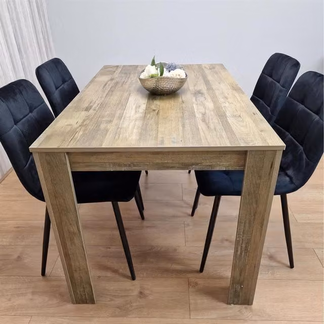 Kosy Koala Rustic Effect Dining Table and 4 Velvet Chairs Set in Black