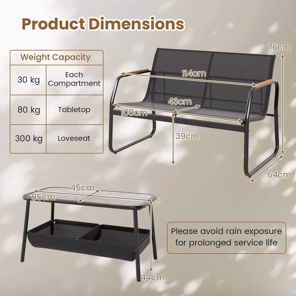 Kelvenix Black Metal Outdoor Loveseat and Coffee Table Set – 2