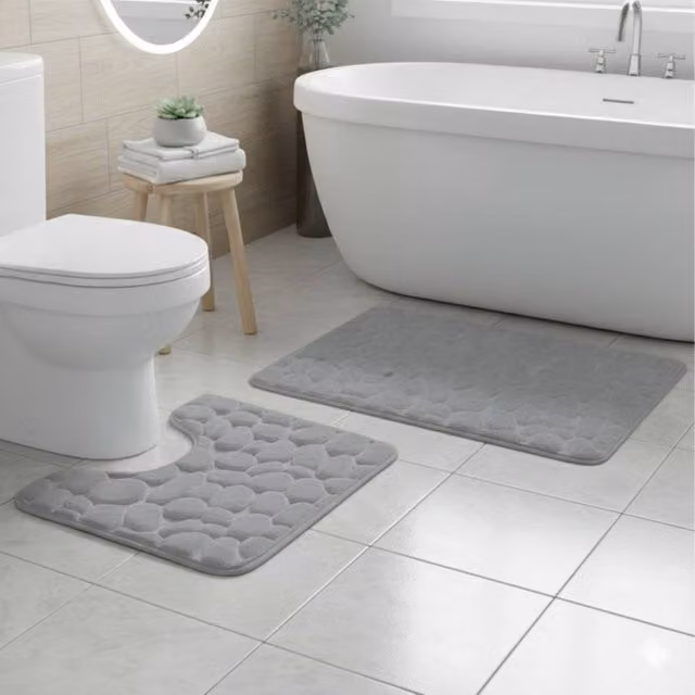Snug City Pebble Design Memory Foam Bath Mat Set in Silver/Grey, W: 80 cm, D: 50 cm