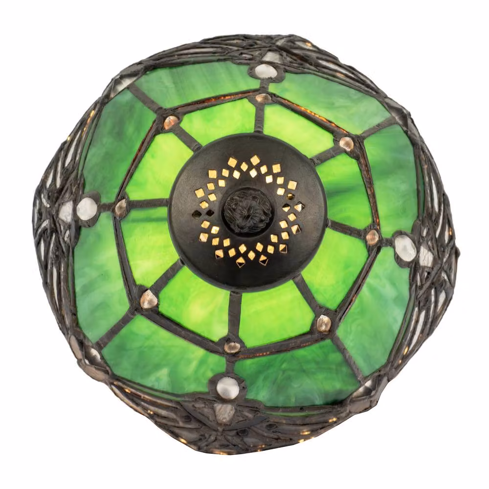 Happy Homewares Green and Transparent Stained Glass Tiffany Tabletop Lamp with Bronze Metal Base – 3