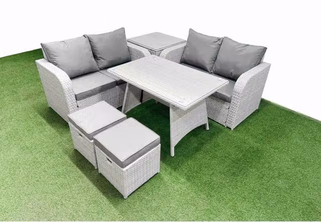 Fimous 6-Seater PE Rattan Outdoor Sofa and Dining Set in Light Grey