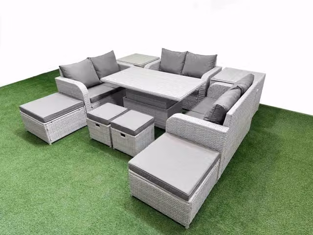 Fimous 10 Piece Rising Dining Table Set with Inclining Love Sofa Seats and Big Footstool in Light Grey